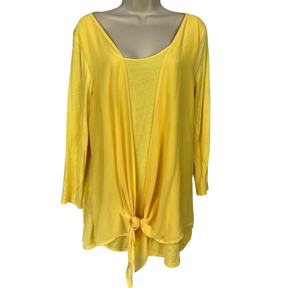 Joseph A. Top Womens Large Butter Yellow Sheer Chiffon Tie Front Layered TwoFer